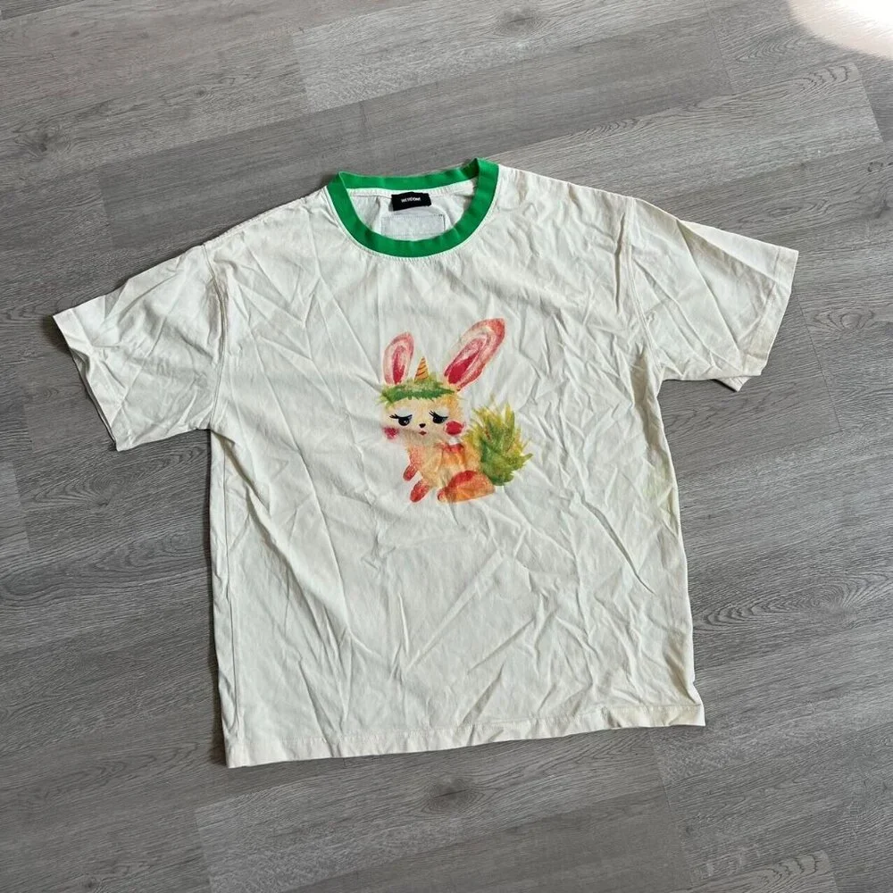 We11done Rabbit Print T Shirt Size Small Cream Green Crew Neck Size Small - Picture 1 of 6